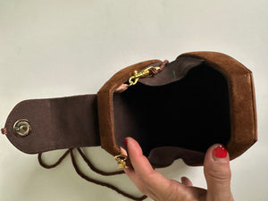 Vintage Mini Tear Drop Brown Velvet Hard Case Purse Evening Wristlet Knot tassel Rope Retro