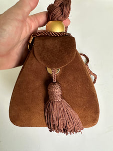 Vintage Mini Tear Drop Brown Velvet Hard Case Purse Evening Wristlet Knot tassel Rope Retro