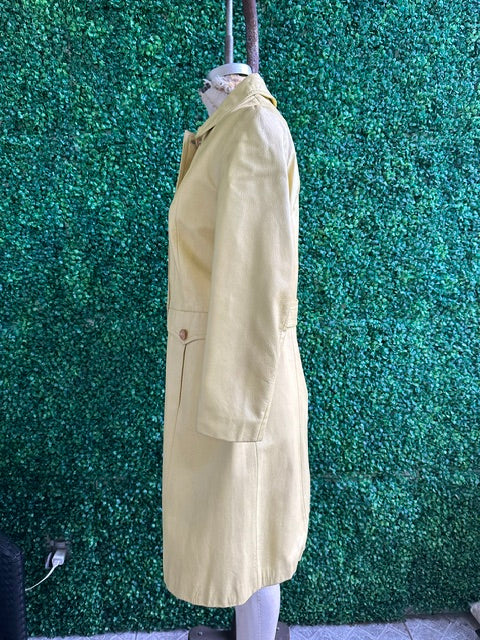 Vintage 70s Pastel Yellow Leather Long Coat with Wood Buttons