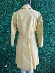 Vintage 70s Pastel Yellow Leather Long Coat with Wood Buttons