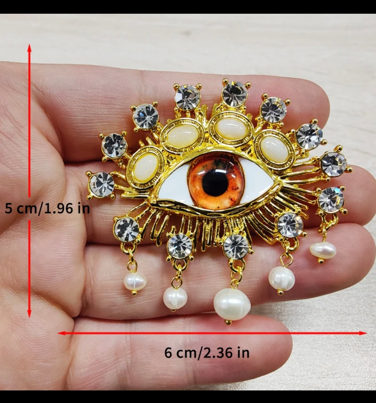 Exaggerated Devil's Eye Brooch Baroque Pearl Tassel Gold New with Tags