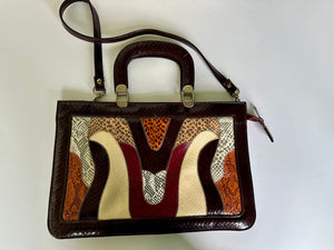 Vintage 80s Leather Satchel Bag Double Handle Shoulder Strap Large Purse Geometric Animal Print Black Red Brown Snake