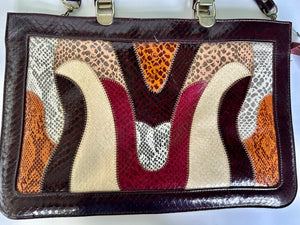 Vintage 80s Leather Satchel Bag Double Handle Shoulder Strap Large Purse Geometric Animal Print Black Red Brown Snake