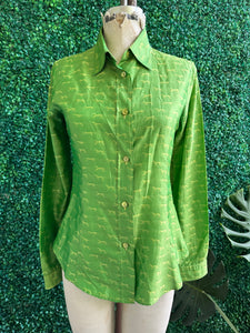 Vintage Trussardi Silk Lime Green Button Down Shirt Horse Pattern