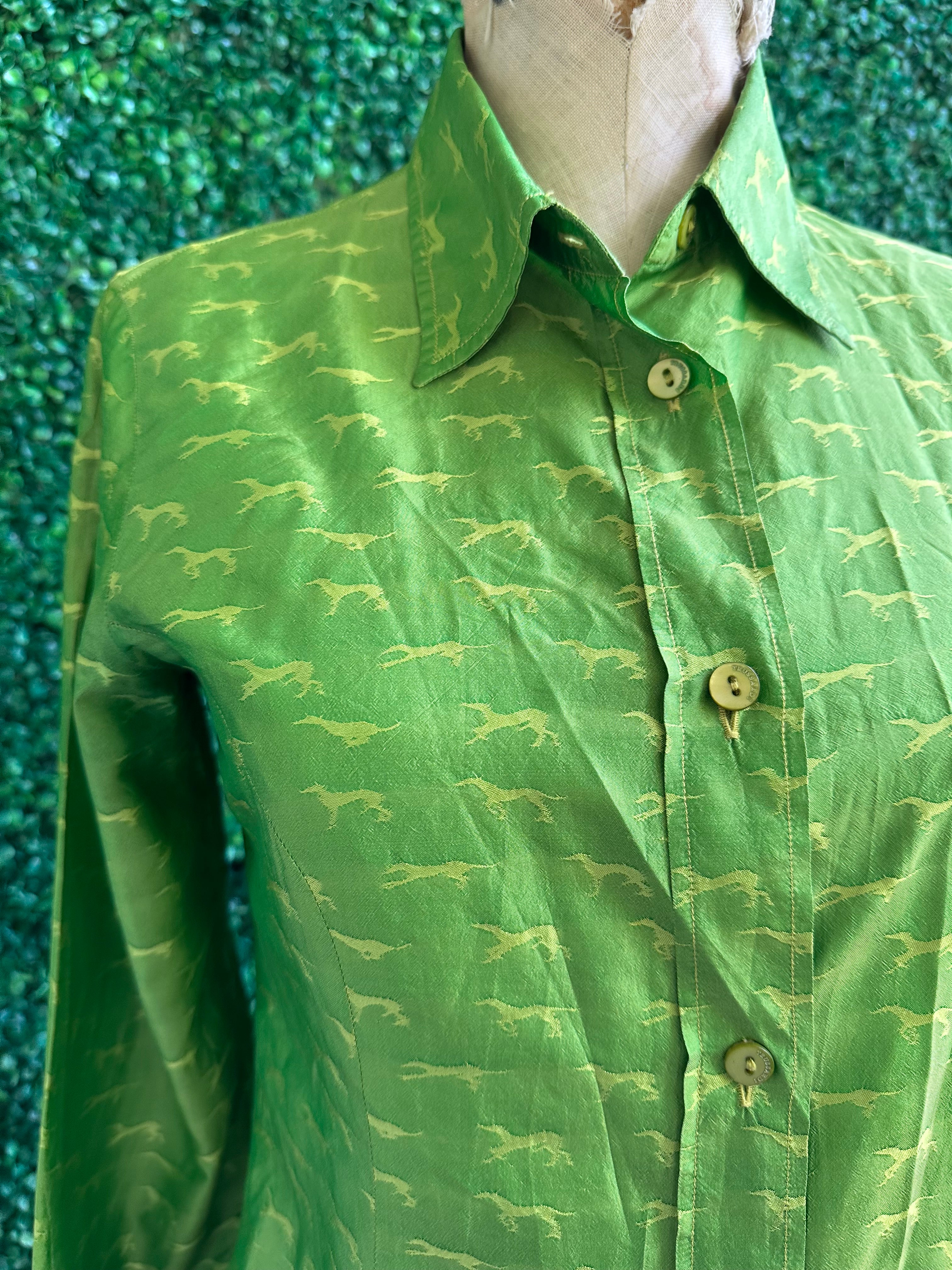 Vintage Trussardi Silk Lime Green Button Down Shirt Horse Pattern