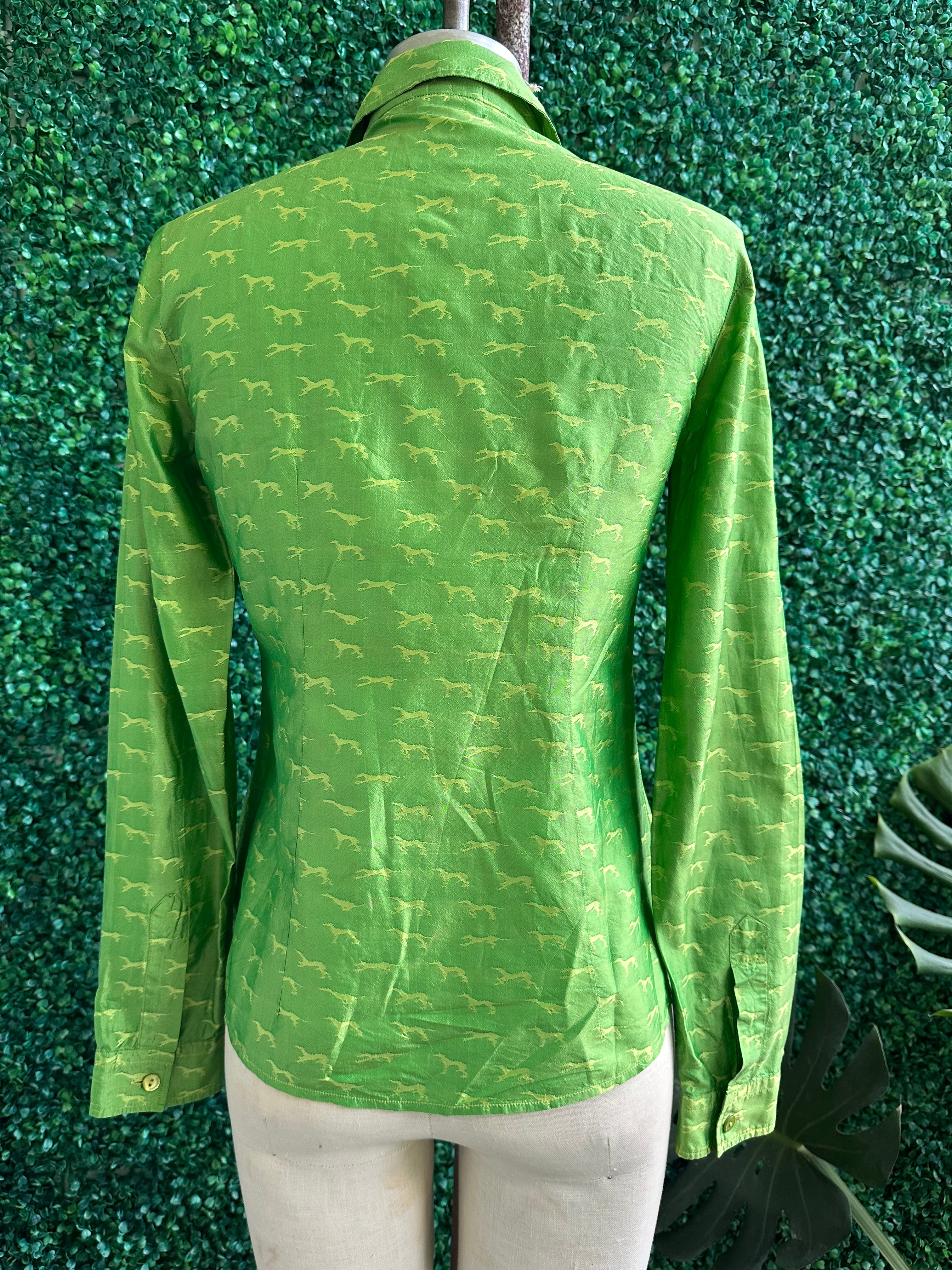 Vintage Trussardi Silk Lime Green Button Down Shirt Horse Pattern