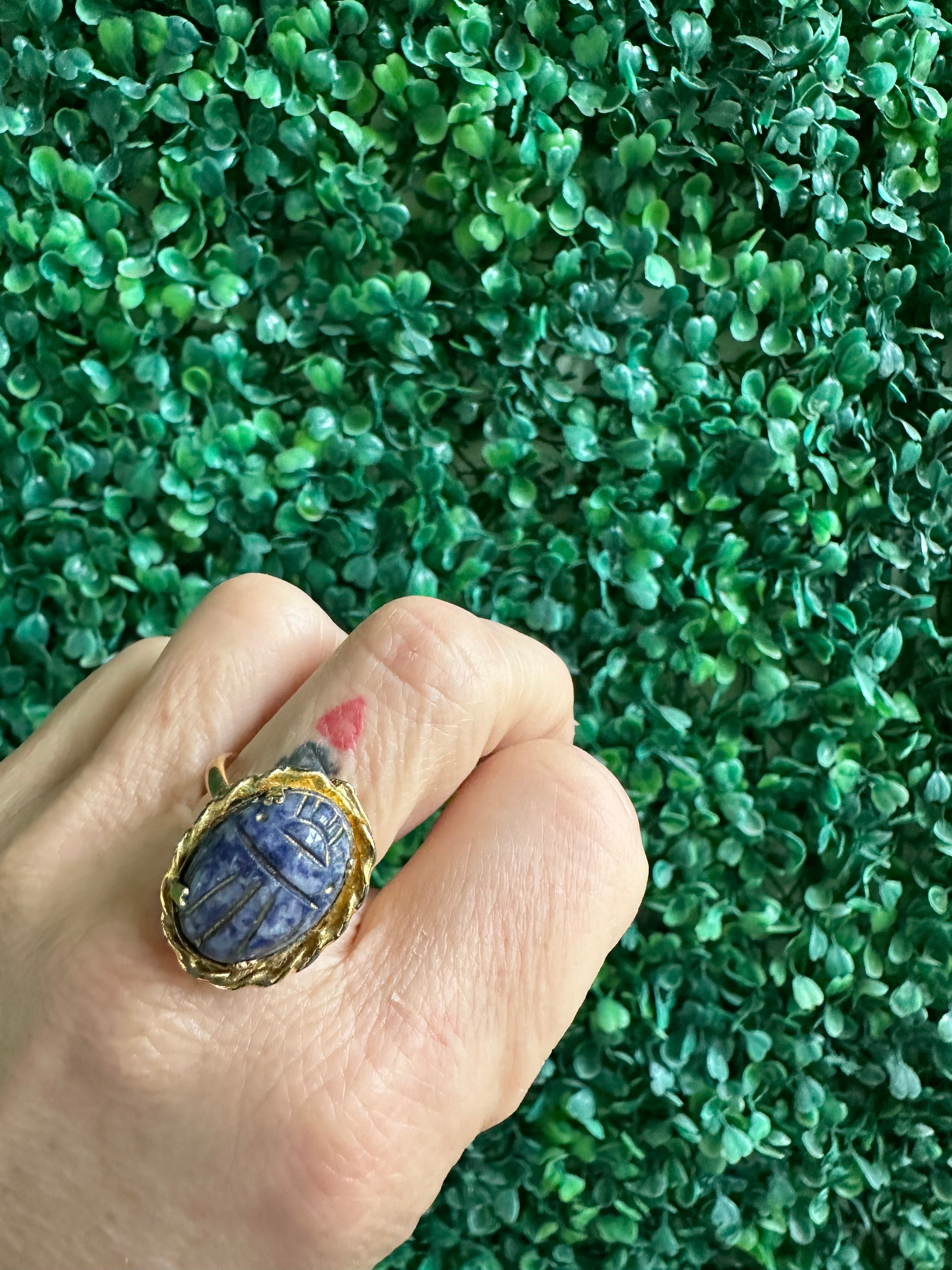 Vintage SCARAB ring Gold tone metal Genuine stone SODALITE Adjustable