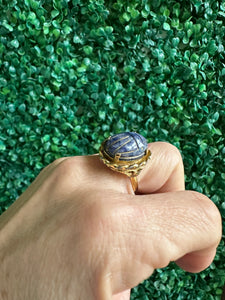 Vintage SCARAB ring Gold tone metal Genuine stone SODALITE Adjustable