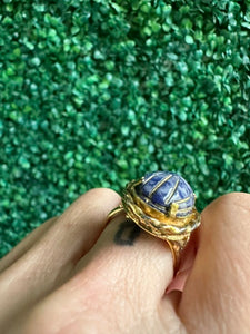 Vintage SCARAB ring Gold tone metal Genuine stone SODALITE Adjustable