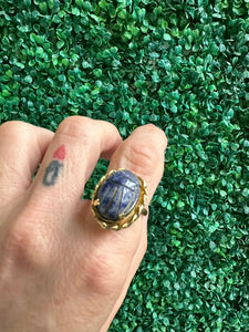 Vintage SCARAB ring Gold tone metal Genuine stone SODALITE Adjustable