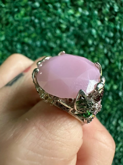 Lauren G Adams Rose Quartz Huge Cabochon with Floral Rhinestones Design 925 Statement Ring