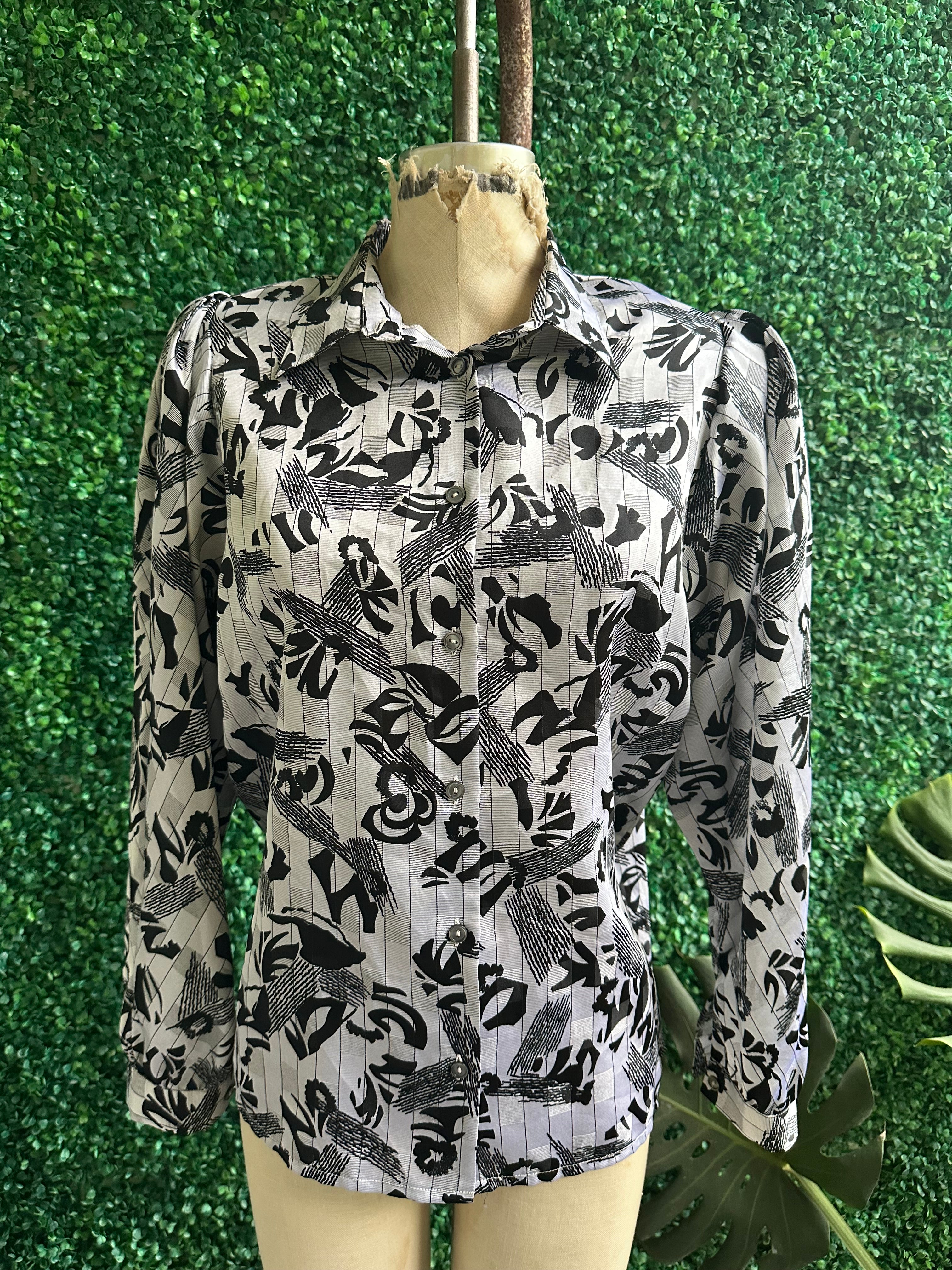 1980s Golden Gate Black-and-White Printed Long Sleeve Blouse