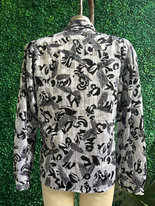 1980s Golden Gate Black-and-White Printed Long Sleeve Blouse