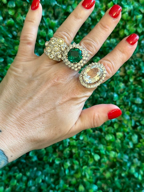 Vintage Huge Jewelry Emerald and Clear Crystal Cocktail 3 Rings in 18kt Gold Electroplate Made in the USA