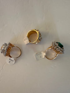 Vintage Huge Jewelry Emerald and Clear Crystal Cocktail 3 Rings in 18kt Gold Electroplate Made in the USA