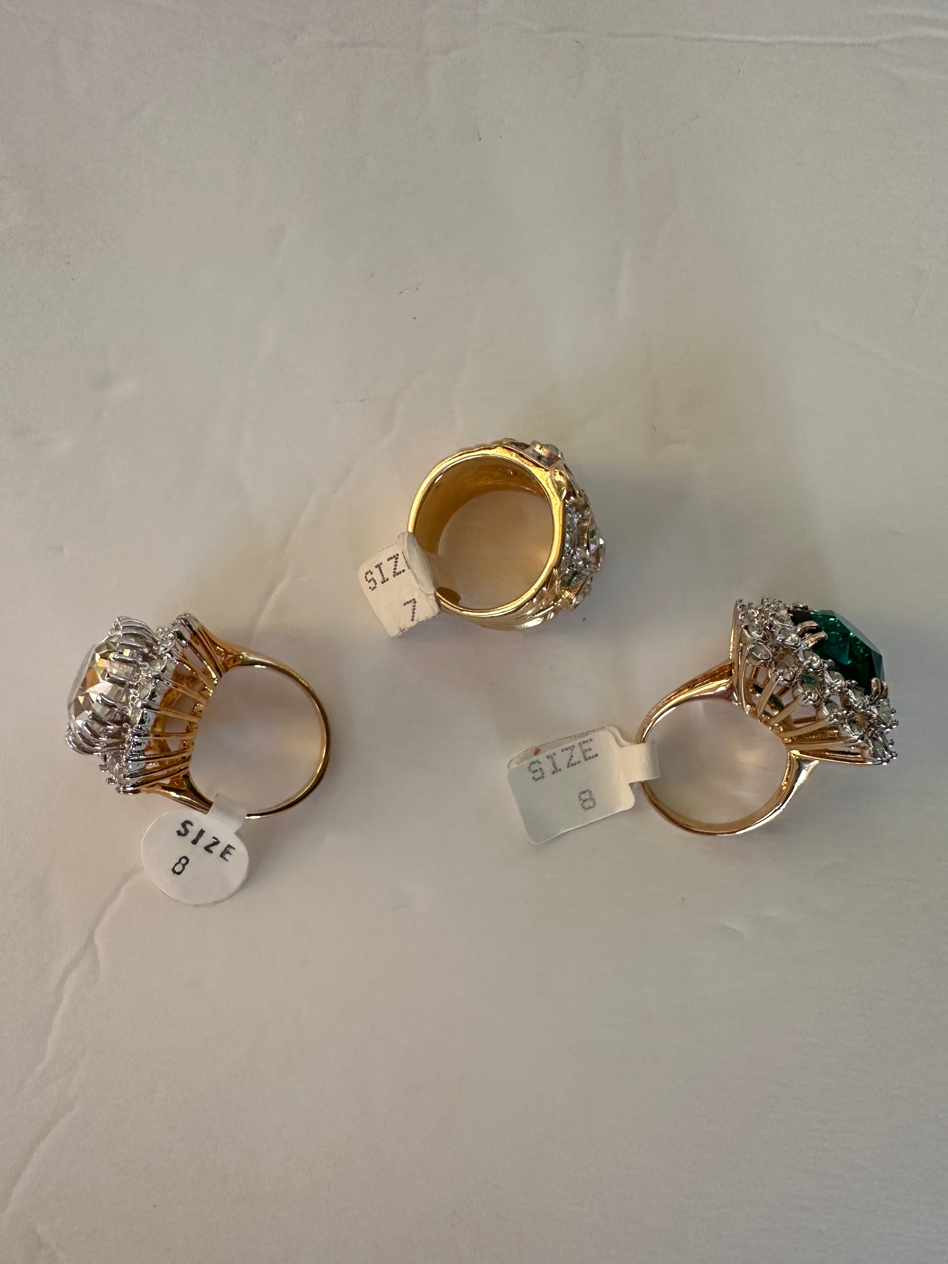 Vintage Huge Jewelry Emerald and Clear Crystal Cocktail 3 Rings in 18kt Gold Electroplate Made in the USA