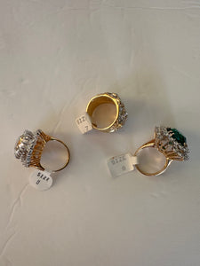 Vintage Huge Jewelry Emerald and Clear Crystal Cocktail 3 Rings in 18kt Gold Electroplate Made in the USA