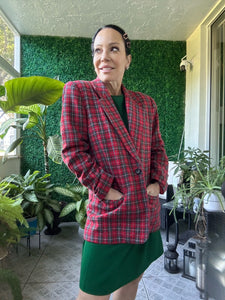 80s LESLIE FAY RED Plaid Wool Tweed Tailor Tan Blazer with shoulder pads