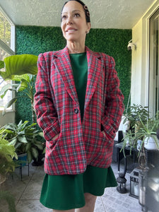 80s LESLIE FAY RED Plaid Wool Tweed Tailor Tan Blazer with shoulder pads