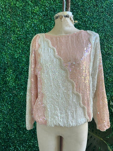 Dominique Pink Nude Sequined and Pearls Gathered Blouse with Scallop Sleeves