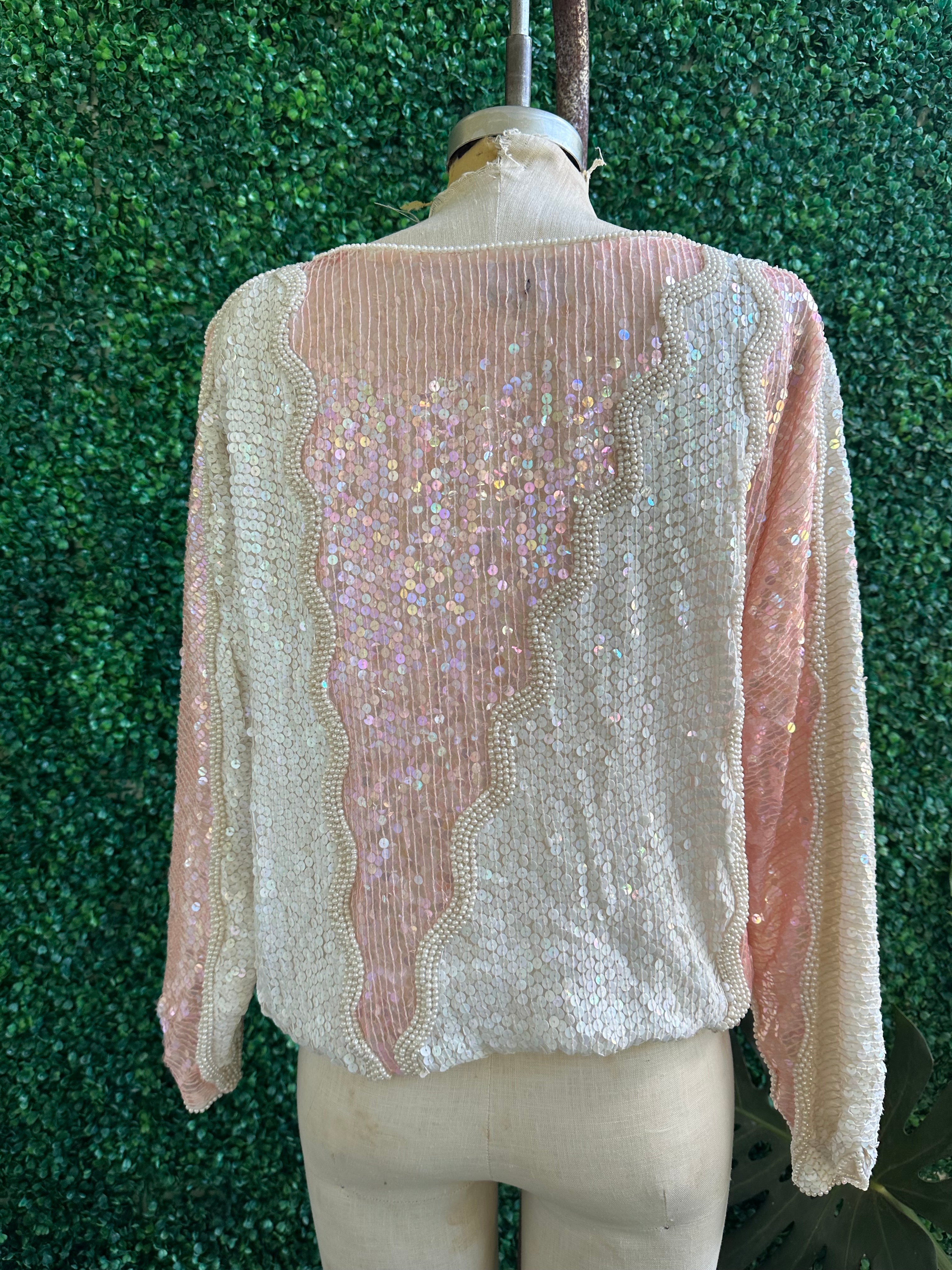 Dominique Pink Nude Sequined and Pearls Gathered Blouse with Scallop Sleeves