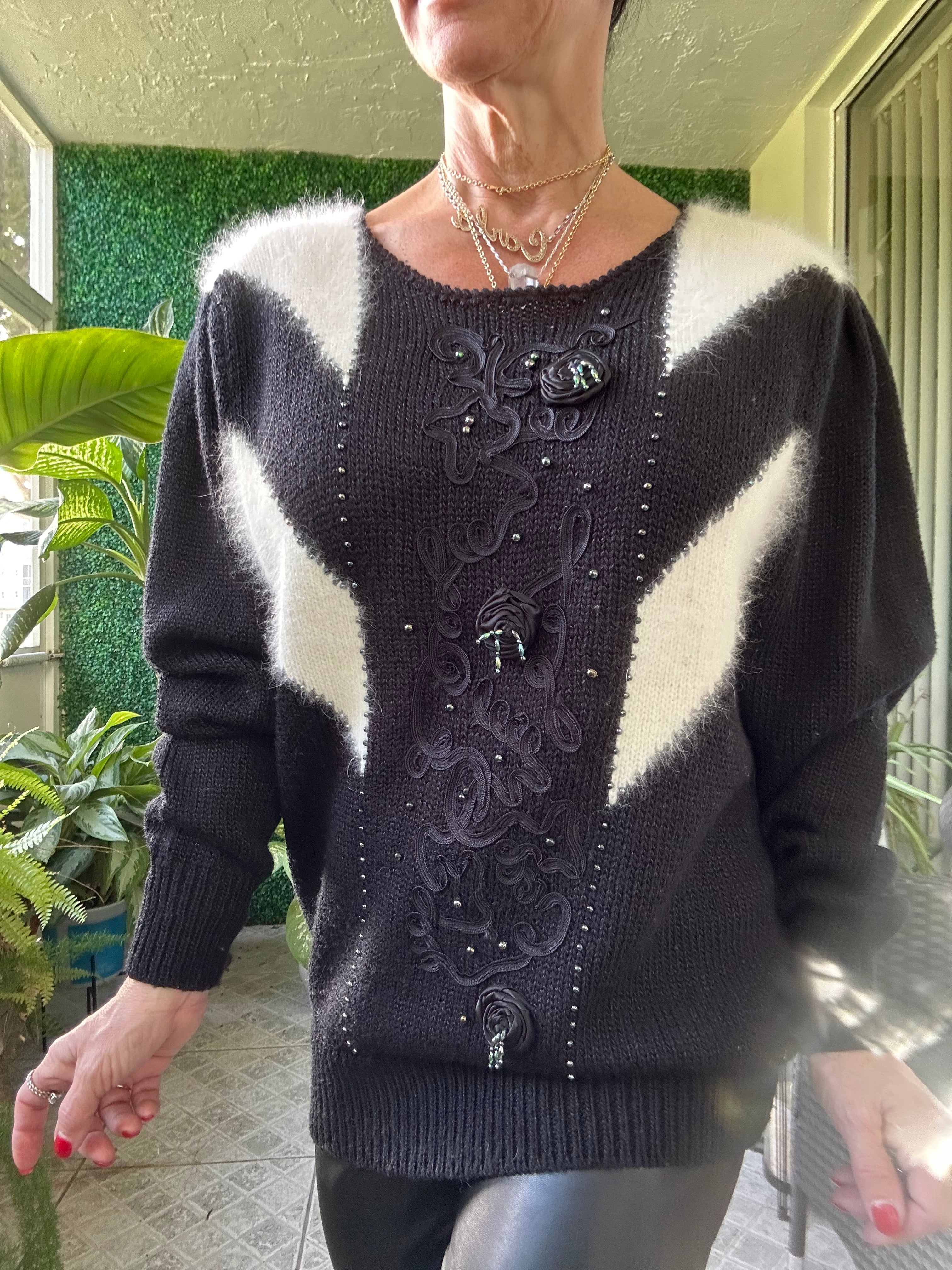 Vintage Black Flower and Pearl Angora Sweater Knit Concepts Long Sleeve