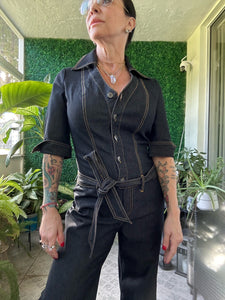 1990s Y2Y Dark Denim Jumpsuit BISOU BISOU Tie Waist Workers Spring