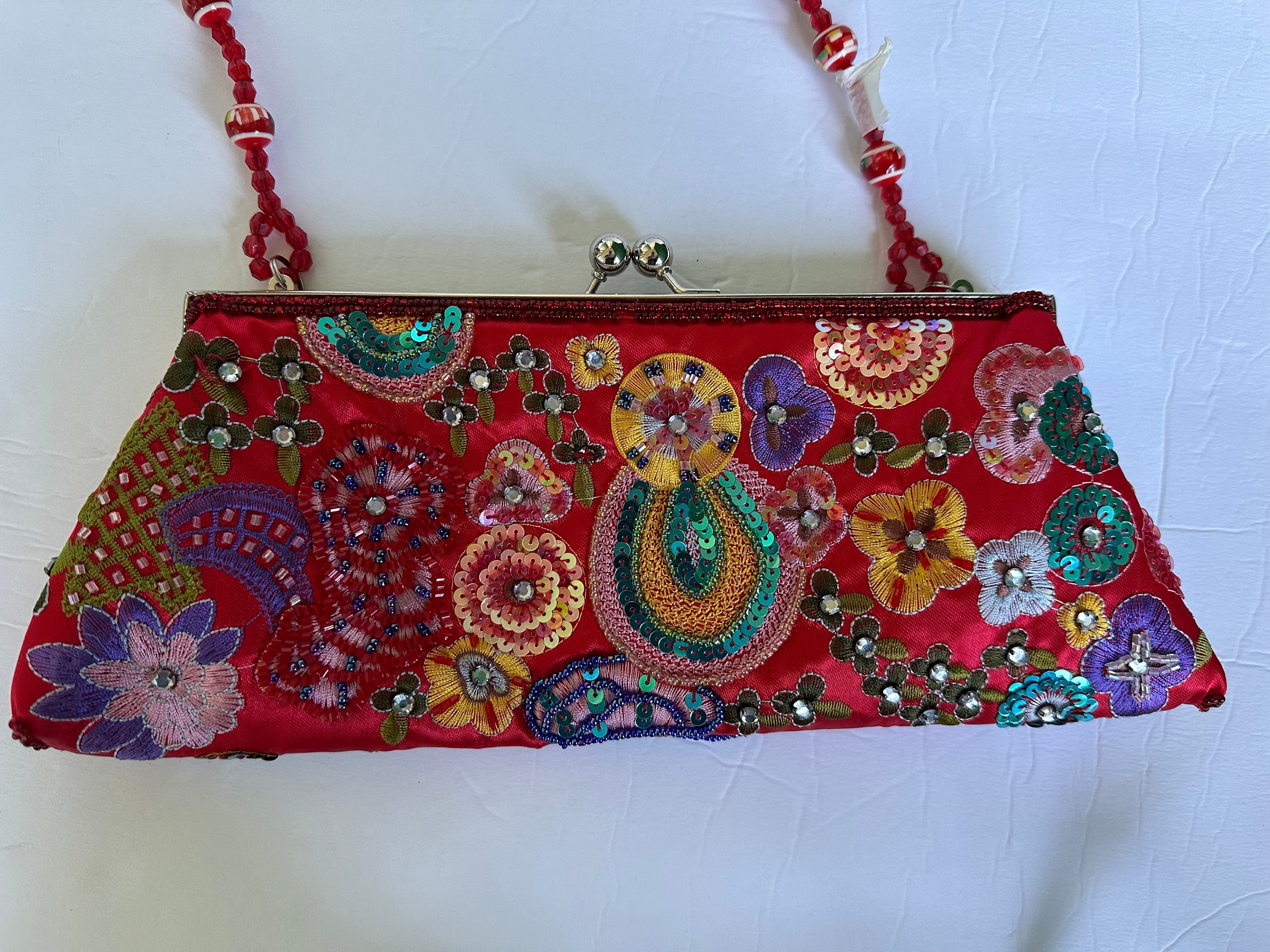 Vintage Colorful Red Floral Sequin Purse Bag Clutch