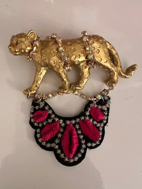 Large Leopard Gold Tone Plaster Brooch Pin with Hanging Embroidery and Crystals