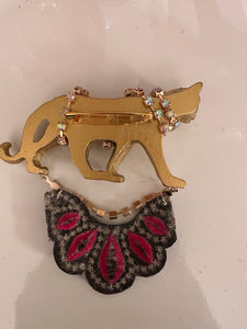 Large Leopard Gold Tone Plaster Brooch Pin with Hanging Embroidery and Crystals