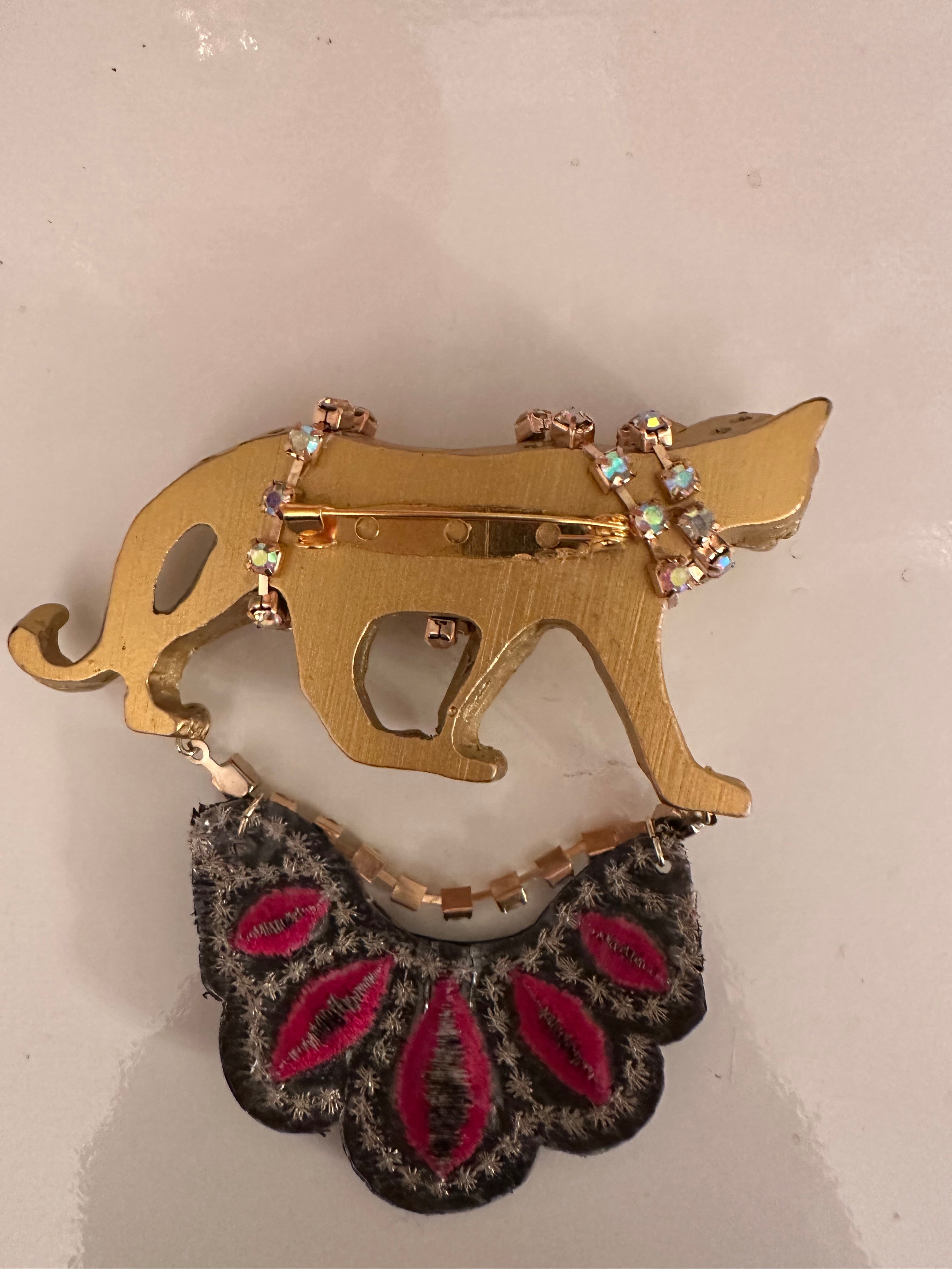 Large Leopard Gold Tone Plaster Brooch Pin with Hanging Embroidery and Crystals