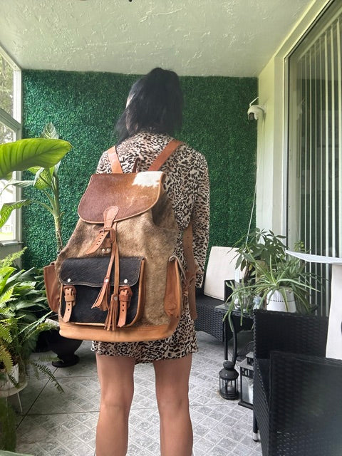 New Southwest Cowboy Hair on Cowhide Leather Oversized Backpack