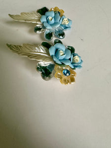 Vintage Blue Plastic Flower Clip On Earrings Crystal Textured Wings Leaves