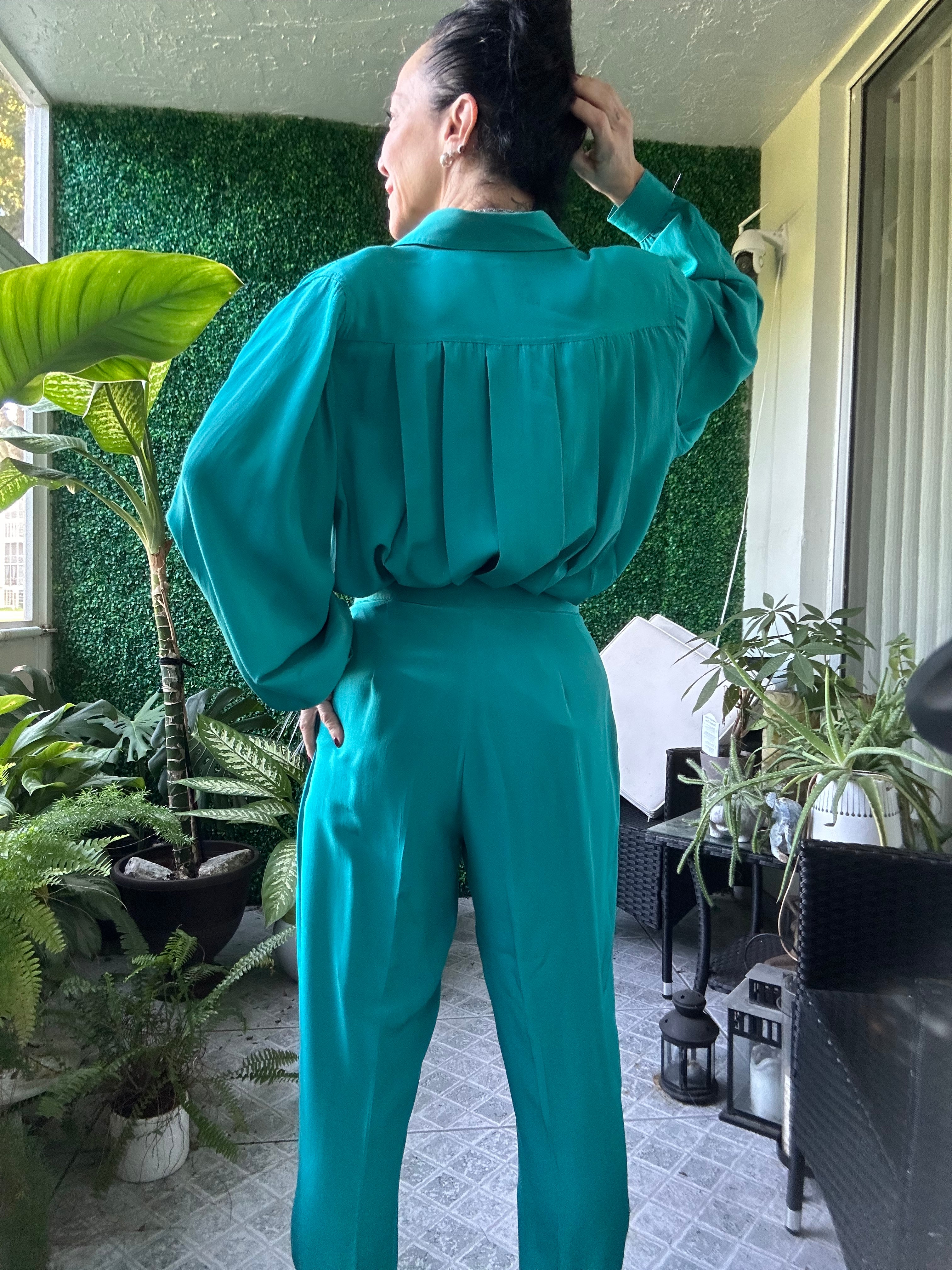 1980s Teal Silk Matching Set Pants and Blouse Chic Albert Hei