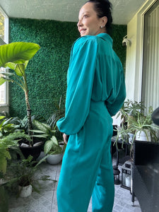 1980s Teal Silk Matching Set Pants and Blouse Chic Albert Hei