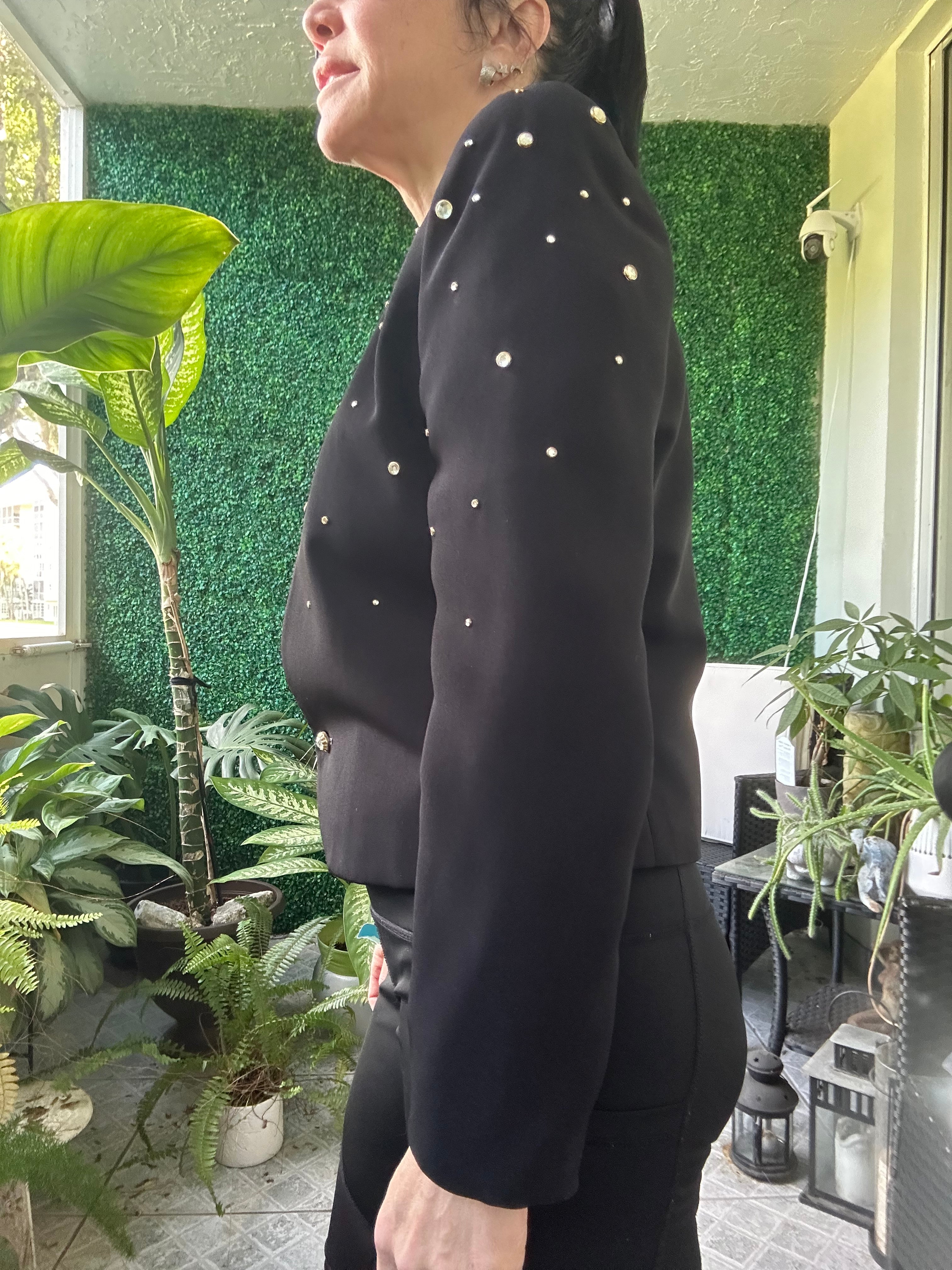 Black Tailored Blazer Bedazzled Crystal Cropped Embellishment Constance Saunders for Richard Warren