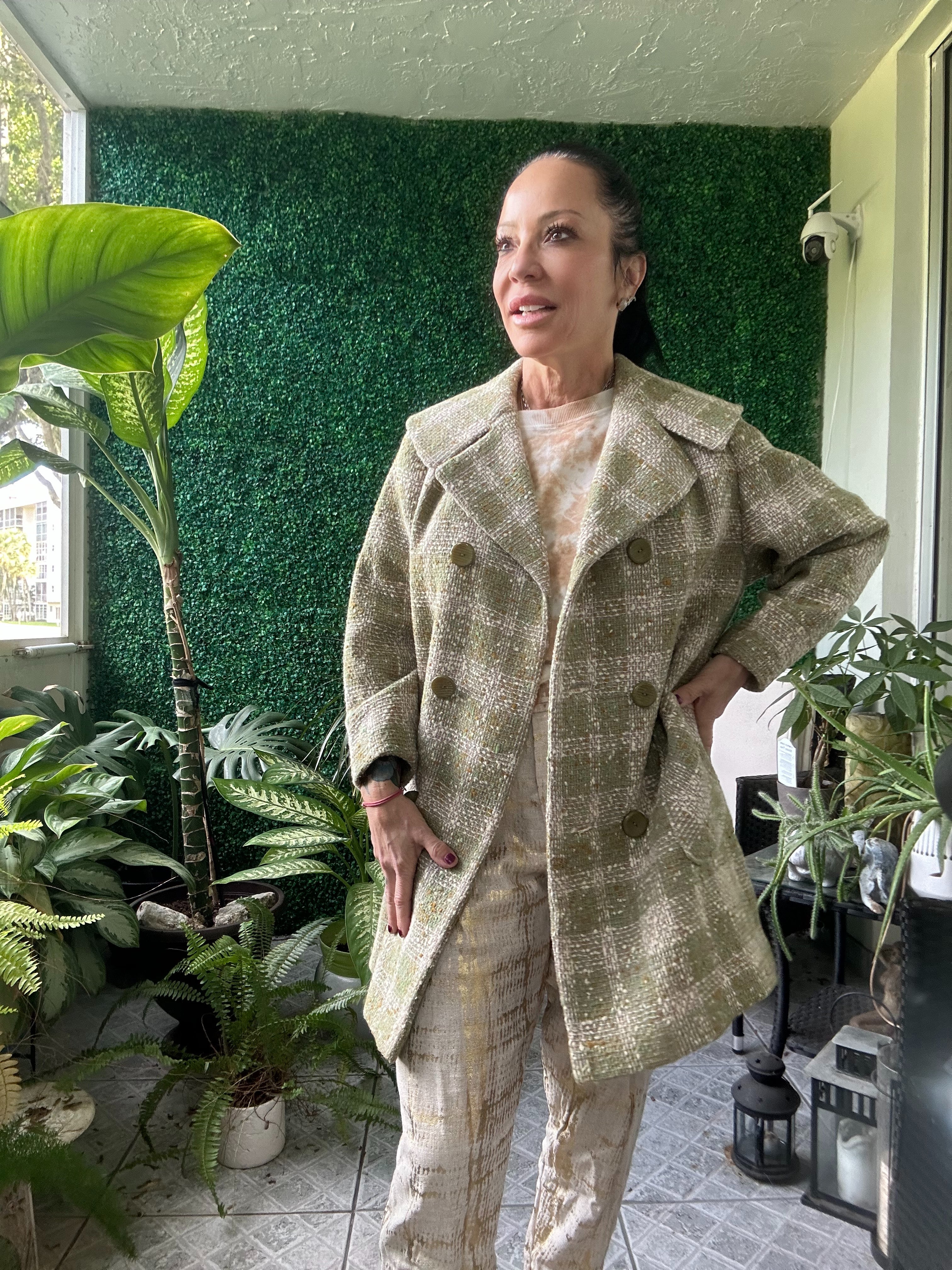 1960s Green Beige Plaid Loose Fit Long Jacket Tweed Coat Jackie O