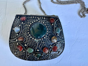 Vintage Sajai Silver Metal Purse Handcraft Genuine Gemstones Agates Crossbody