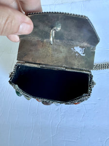 Vintage Sajai Silver Metal Purse Handcraft Genuine Gemstones Agates Crossbody