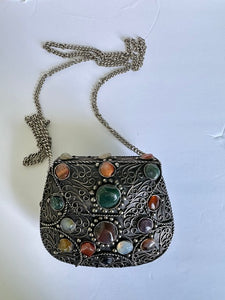 Vintage Sajai Silver Metal Purse Handcraft Genuine Gemstones Agates Crossbody