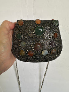 Vintage Sajai Silver Metal Purse Handcraft Genuine Gemstones Agates Crossbody