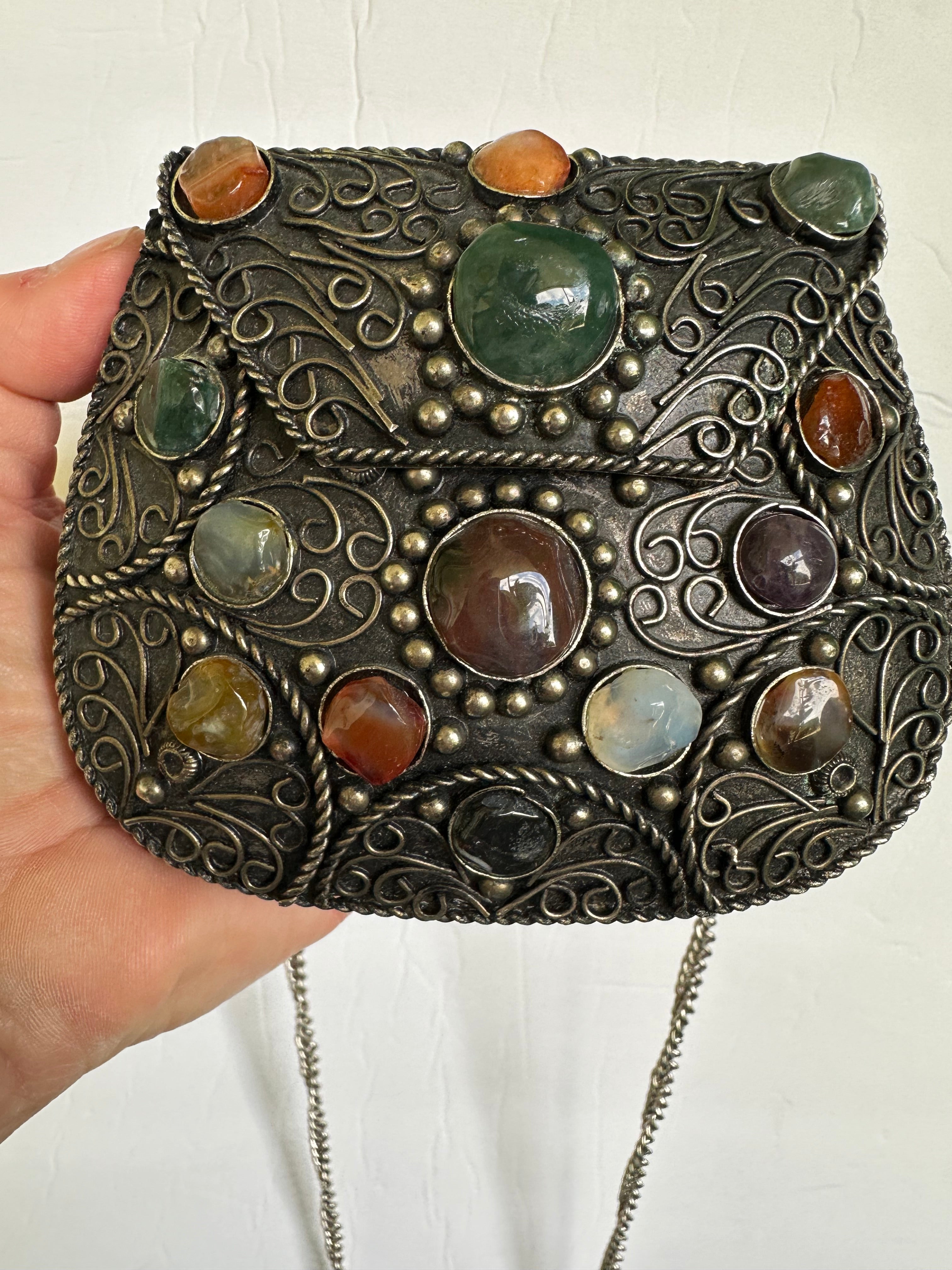 Vintage Sajai Silver Metal Purse Handcraft Genuine Gemstones Agates Crossbody