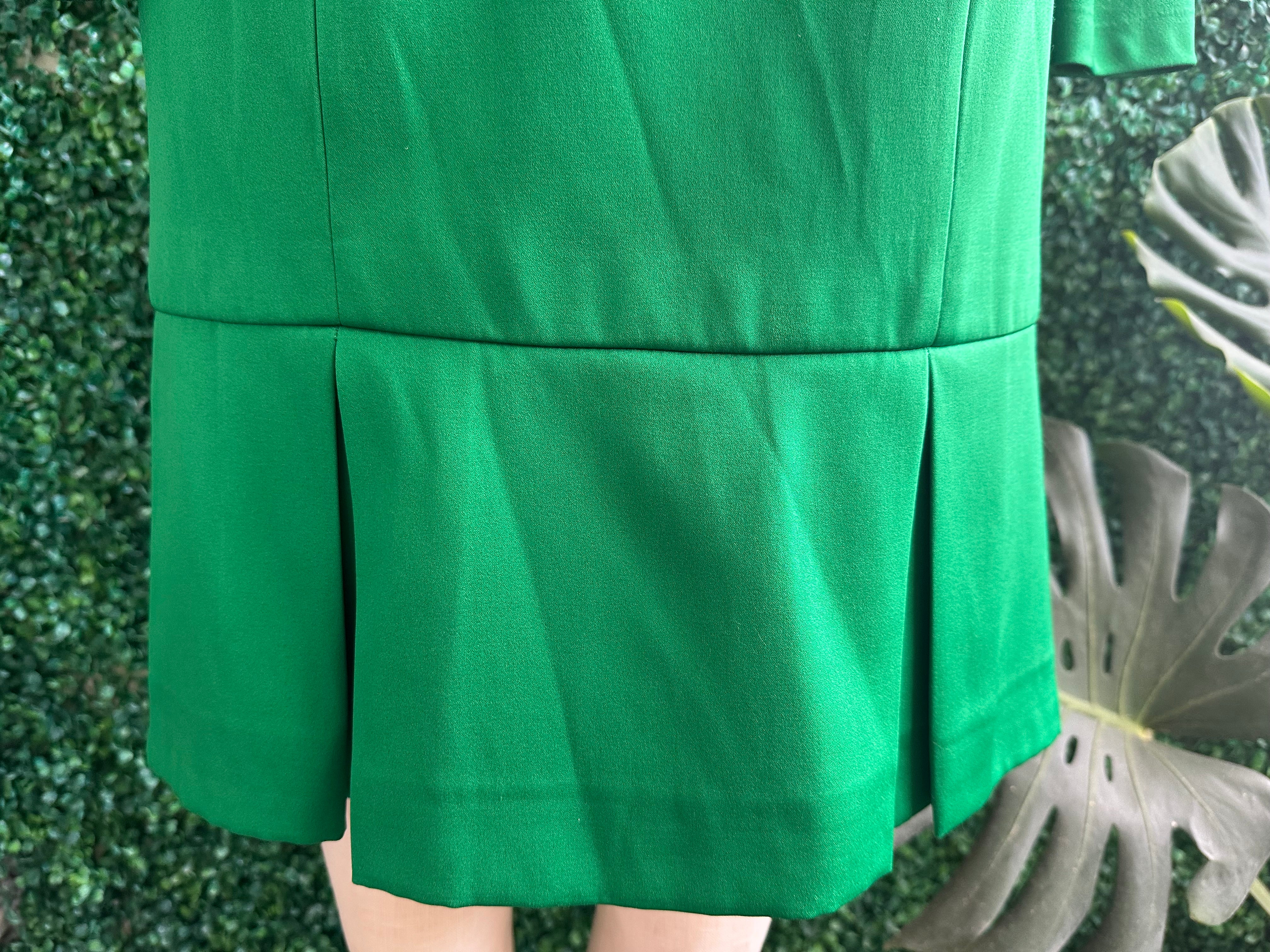 1960s Jackie Kennedy green satin dress with pleated skirt Alonso made in Italy