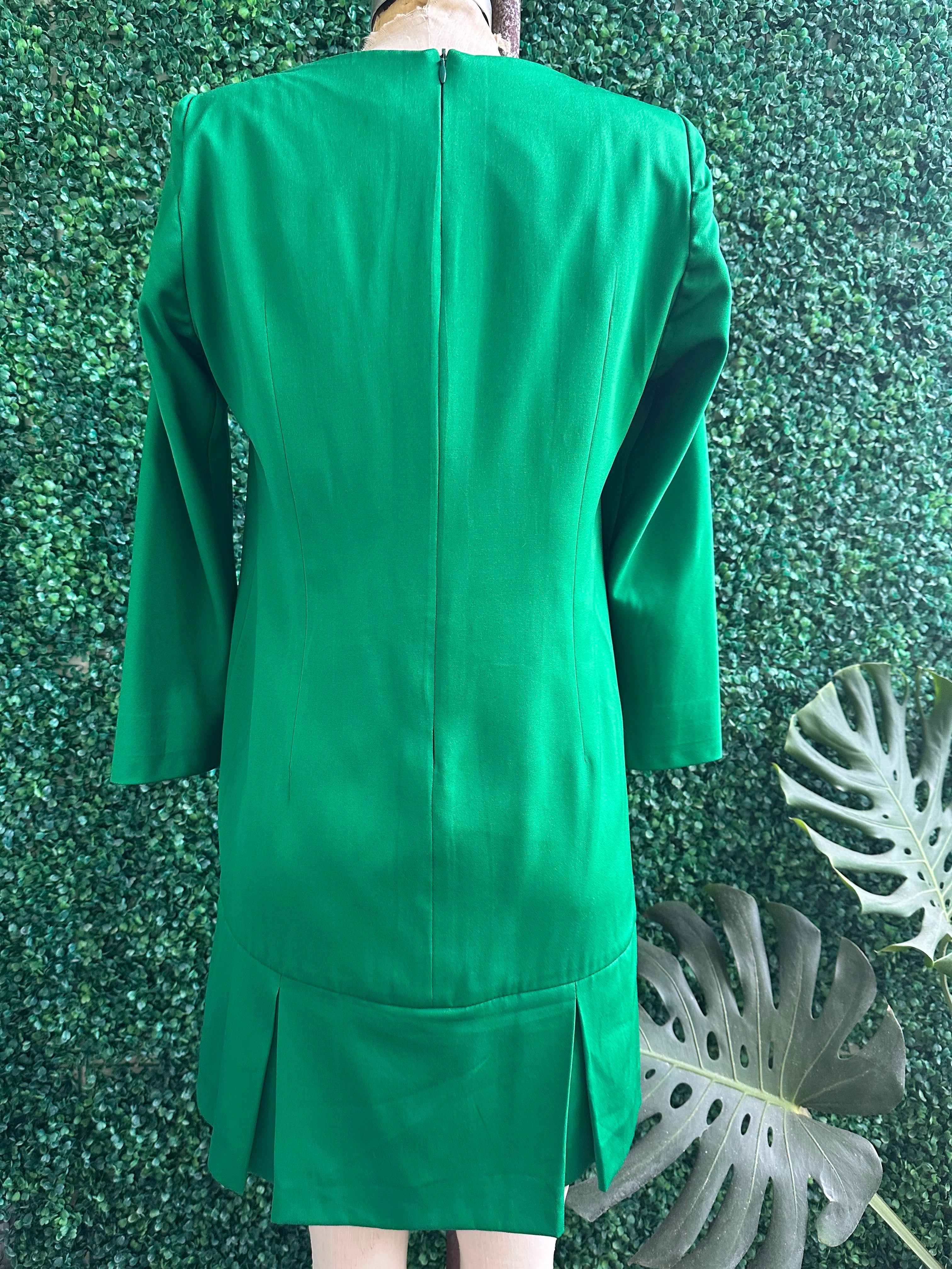 1960s Jackie Kennedy green satin dress with pleated skirt Alonso made in Italy