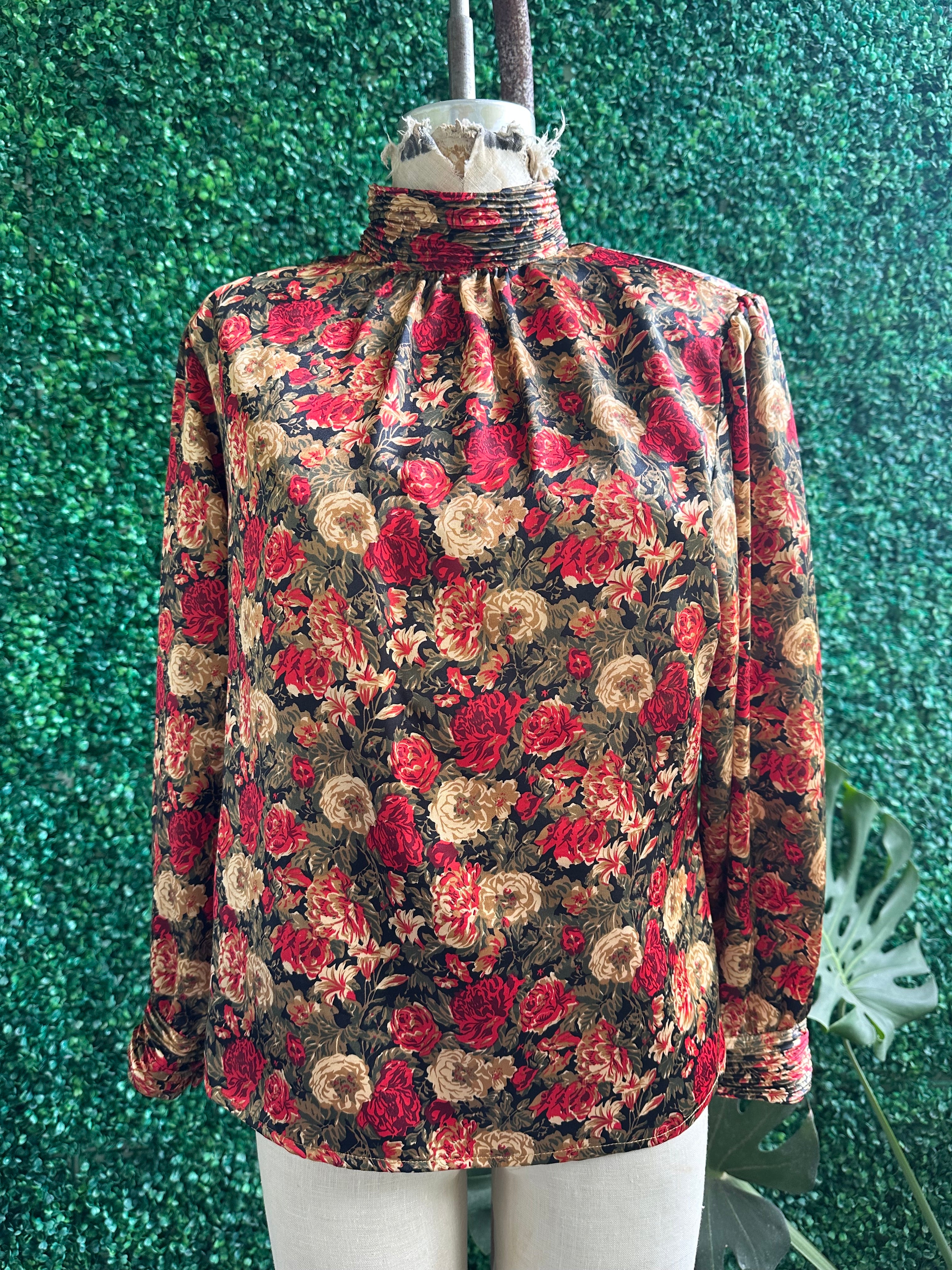 Vintage 80s Floral Bold Notations Red Floral Satin Long Sleeve Blouse