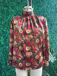 Vintage 80s Floral Bold Notations Red Floral Satin Long Sleeve Blouse