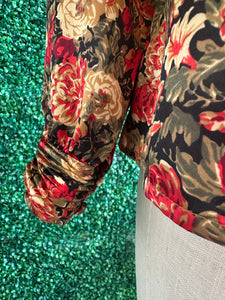 Vintage 80s Floral Bold Notations Red Floral Satin Long Sleeve Blouse