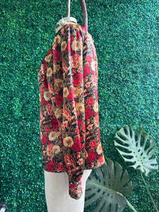 Vintage 80s Floral Bold Notations Red Floral Satin Long Sleeve Blouse