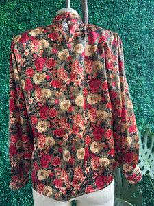 Vintage 80s Floral Bold Notations Red Floral Satin Long Sleeve Blouse