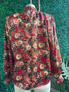 Vintage 80s Floral Bold Notations Red Floral Satin Long Sleeve Blouse